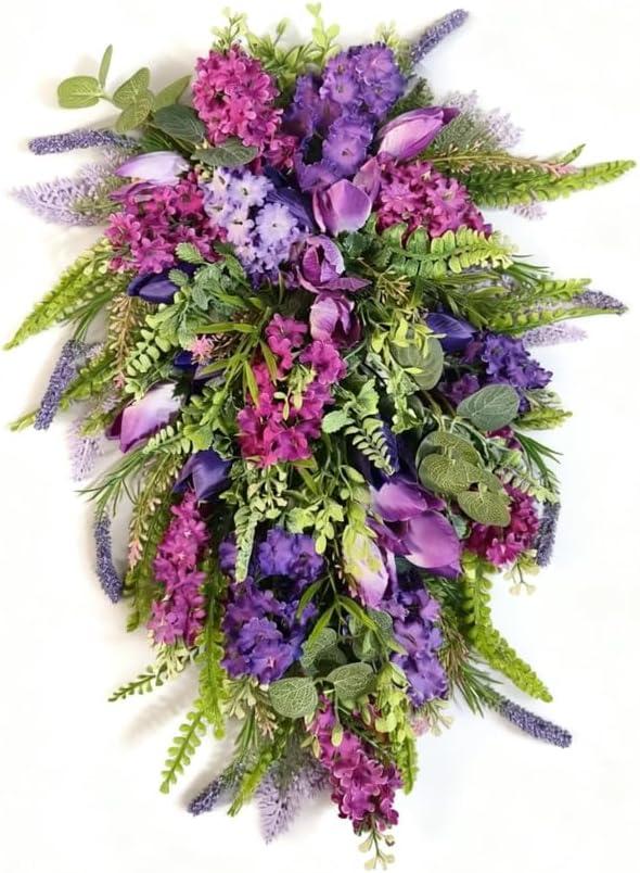 Purple Floral Hanging Wreath - Inch Lavender Tulip Hyacinth Eucalyptus Door Decor for Spring Summer, Wedding Arch Garden Porch Decoration