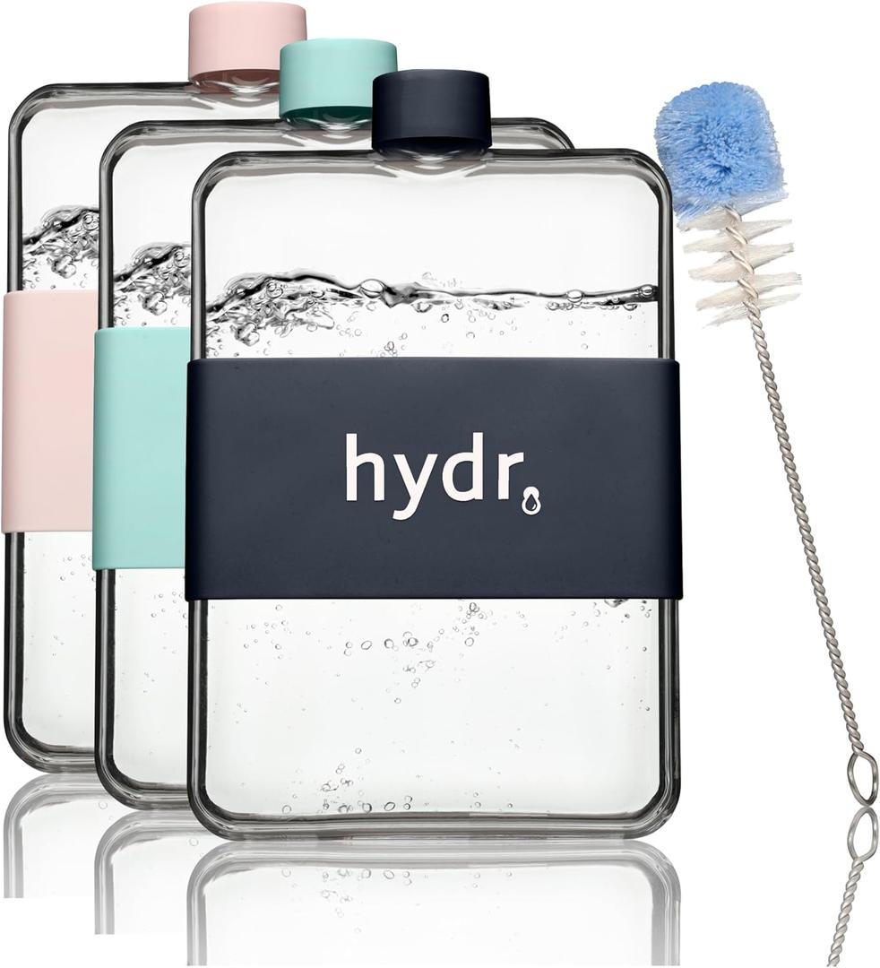 Hydr | 15oz Flat Water Bottle For Purse & Flexible Cleaning Brush | BPA Free Square Water Bottle | Leak/Drop Proof Slim Water Bottles For Travel, small water bottle (Black)