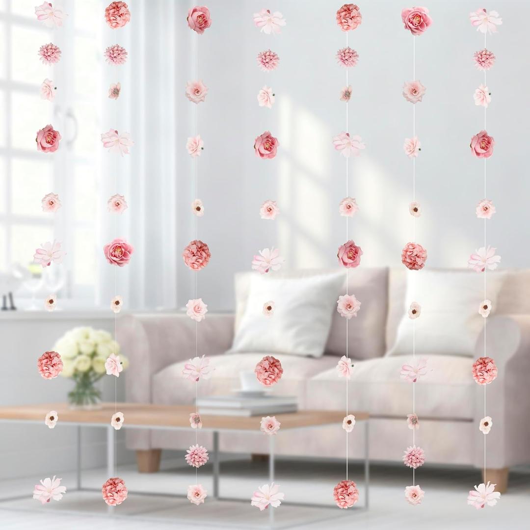 6 PCS Artificial Rose Flowers Hanging Decorations, Dangling Fake Rose with Hooks Spring Party Decorations for Wedding Party Background Birthday Anniversary Arch Decor (Pink)