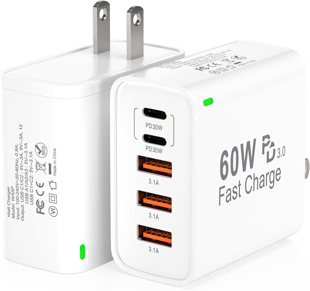 2Pack USB C Fast Charger Block, Total 60W 5-Port USB C Wall Charger 30W Type C Charging Block, 2USB C+3USB A PD 3.0 Multiport Charging Cube for iPhone 17 16 15 14 Pro Max, G-alaxy S26 S25 Ultra, i Pad
