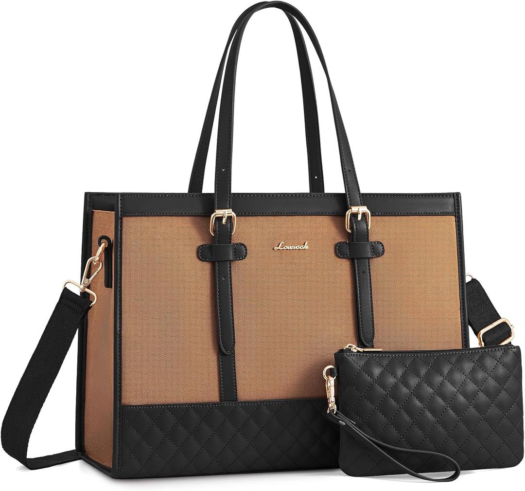 LOVEVOOK Laptop Bag for Women, 15.6 inch Canvas Laptop Tote, Large Capacity Work Bag with Clutch Purse, Office Business Briefcase, Casual Handbag for Travel, College, Teacher, School (Black & Brown)