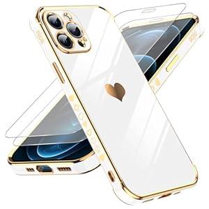 LeYi for iPhone-12-Pro-Max Case: (𝐍𝐨𝐭 𝐟𝐢𝐭 𝟏𝟐 𝐏𝐫𝐨) Tempered Glass Screen Protector [2 Pcs]+ Full Camera Lens Protection, Love Heart Plating Luxury Soft TPU Case for 12 Pro Max, White