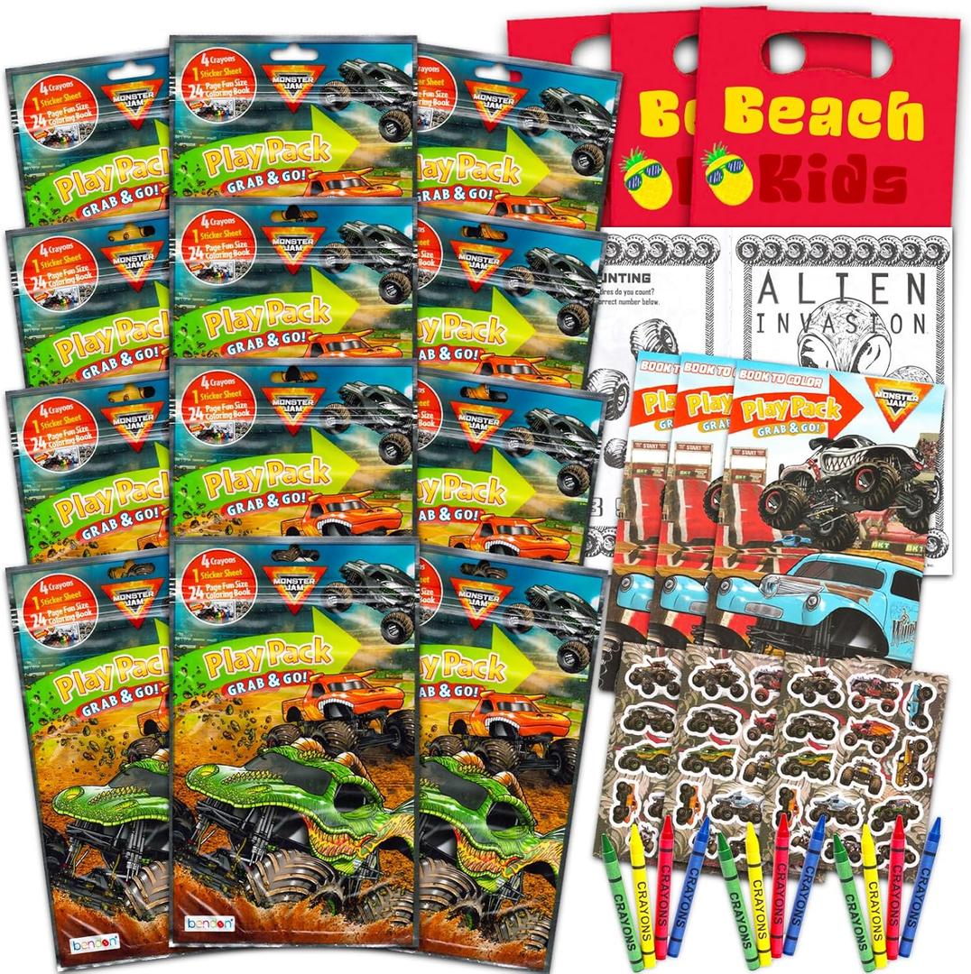 Monster Jam Party Favors Set - Bundle with 12 Monster Truck Play Packs with Coloring Pages, Stickers, Loot Bags, and More Birthday Party Supplies