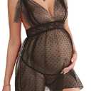 SOLY HUX Women's Maternity Polka Dots Deep V Neck Mesh Babydoll Nightgown with Thong 2 Piece Lingerie Set, Small