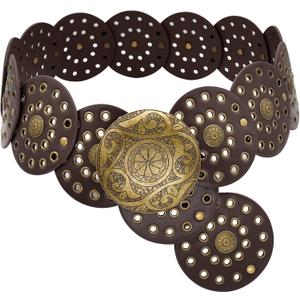 Wide Disc Belt for Women Boho Concho Leather Belts Vintage Western Waist Belt (101 cm, Coffee)