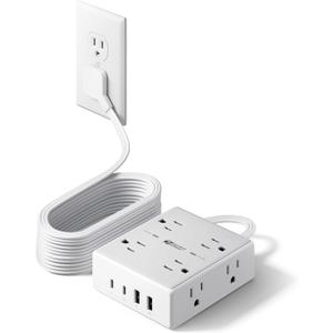 15Ft Long Extension Cord, Surge Protector Power Strip with 8 Outlets & 4 USB Ports (2 USB C), Flat Plug Power Strip Wall Mountable, Desk Charging Station for Home Office, College Dorm Room Essentials (White)