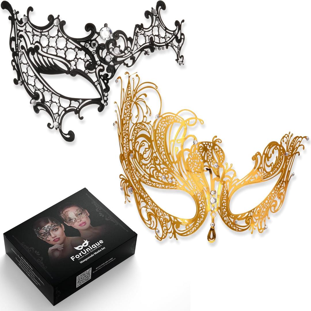 Masquerade Mask for Couples Women and Men - 3 Pack Venetian Gold and Black Lace, Mardi Gras Mask