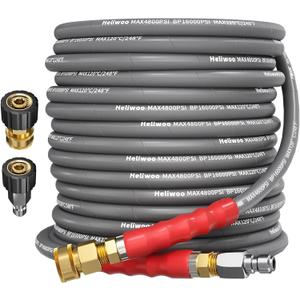 Heliwoo 3/8'' Pressure Washer Hose 50 FT, Hot and Cold Water Power Washer Hose Max 248°F, Commercial Industrial Grade Steel Wire Braided Kink Proof Extension Hose with 3/8 Quick Connect 4800 PSI