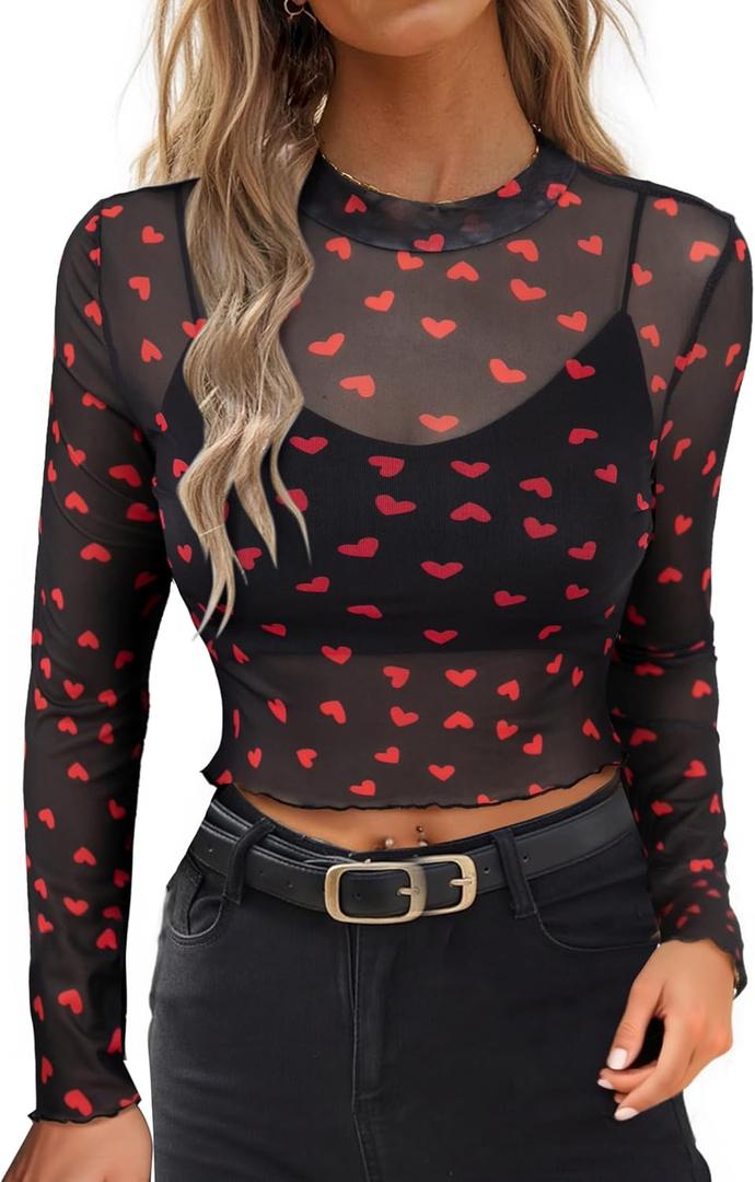 SOFIA'S CHOICE Women's Heart Print Mesh Crop Top See Through Long Sleeve Shirts Black, Large