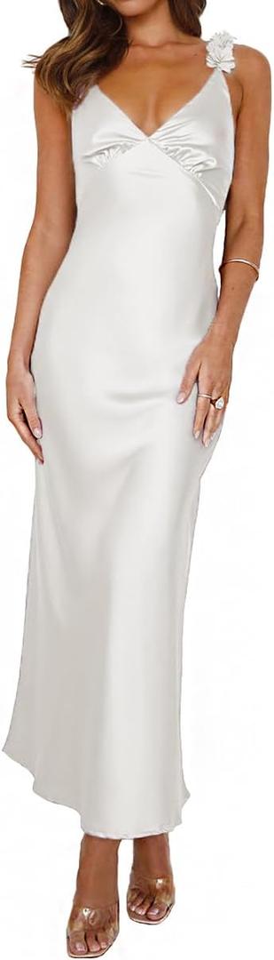 Phicia Summer Satin Spaghetti Strap V Neck Midi Dresses for Women Wedding Guest Elegant Flower Backless Cocktail Formal Dress (X-Large, White)