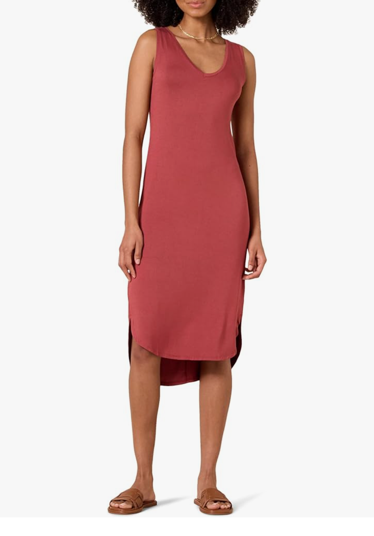 Amazon Essentials Women's Jersey Regular-Fit Sleeveless v-Neck Midi Dress (Previously Daily Ritual) Size: L, Brick Red