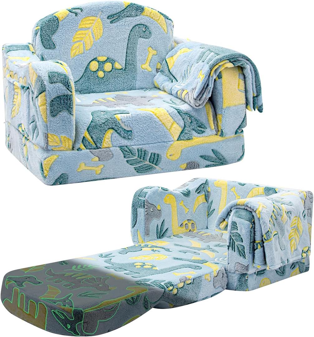 Comfy Toddler Chair and Couch for Kids with Blanket,2-in-1 Soft Plush Fold Out Toddler Couch for Girls and Boys,Convertible Sofa to Lounger for Playroom,Glowing Dinosaur (Green)