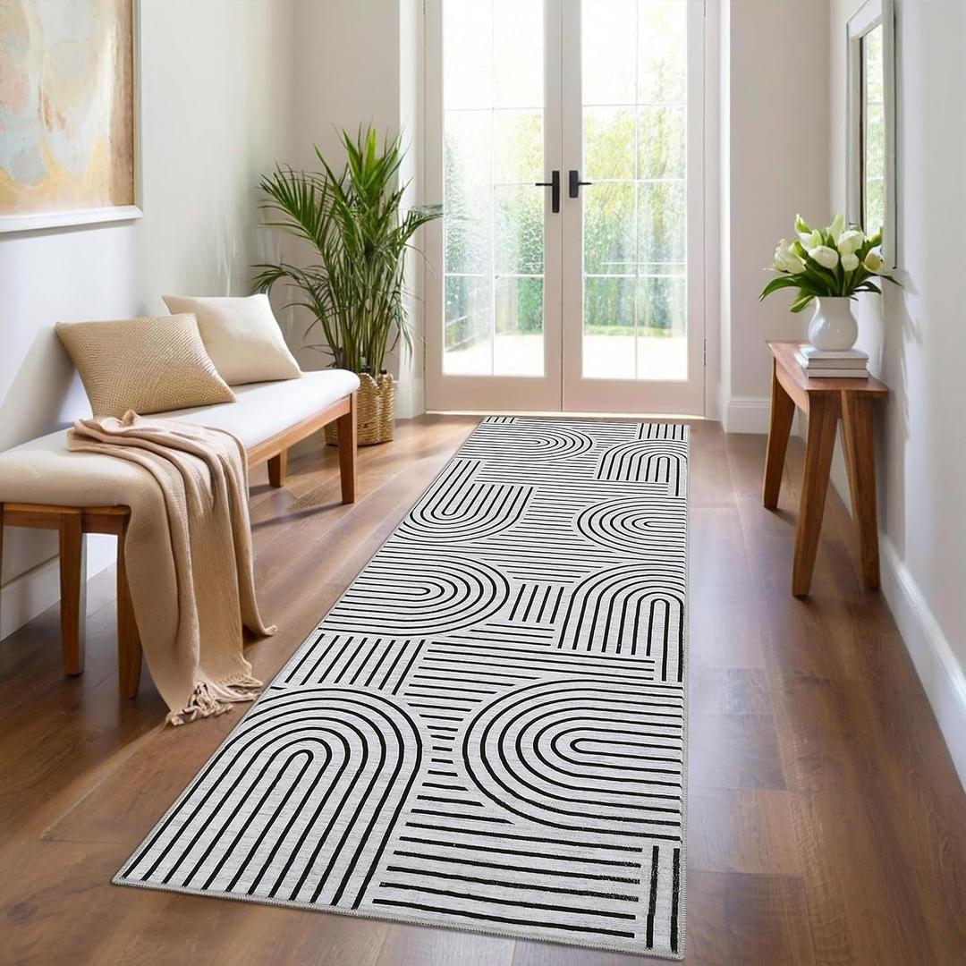ROYHOME Modern Rug 2x6 Runners for Hallways, Abstract Kitchen Runner Rugs Non Slip Bath Runner, Rainbow Washable Runners Rug for Bedroom, Soft Long Rugs for Entryway Bathroom Laundry Dorm, Blackwhite