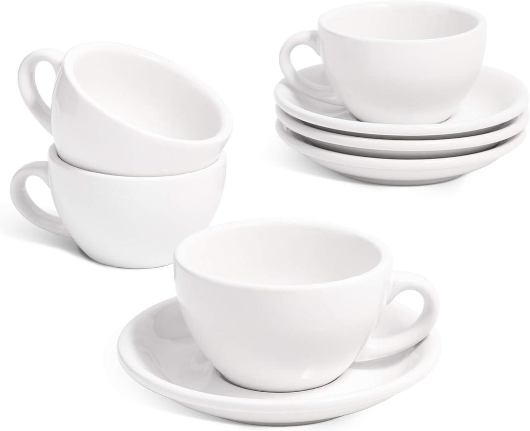 LE TAUCI 6 oz Cappuccino Cups with Saucers, Set of 4 Ceramic Coffee Cup, Au Lait, Flat White, Mocha, Tea, Embossed Coffee Cups, White