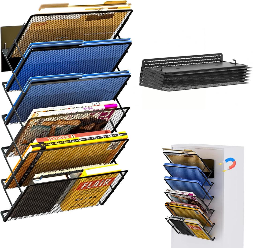 Magnetic File Holder, 6-Tier Foldable No Drilling Magnetic File Folder Holder, Space-Saving Black Magnetic Hanging File Organizer for Whiteboard, File Cabinets, Refrigerator, Office, Kitchen