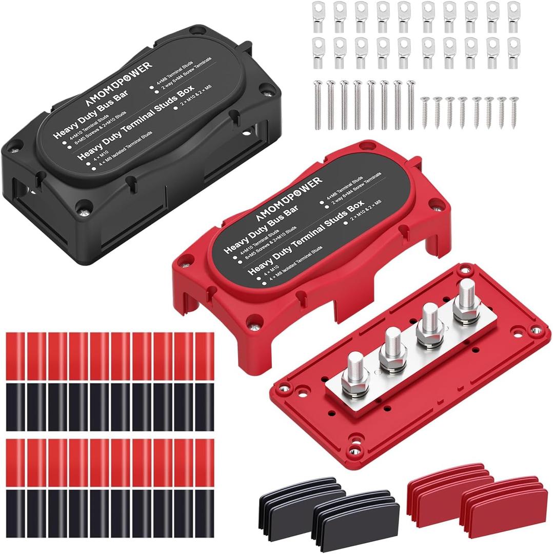 300A Bus Bar 12v Power Distribution Block 4 x 5/16"(M8) Terminal Block Heavy Duty Waterproof Buss Bar Junction Block Marine Battery Bus bar for Automotive Boat Solar System (M8 Red & Black)