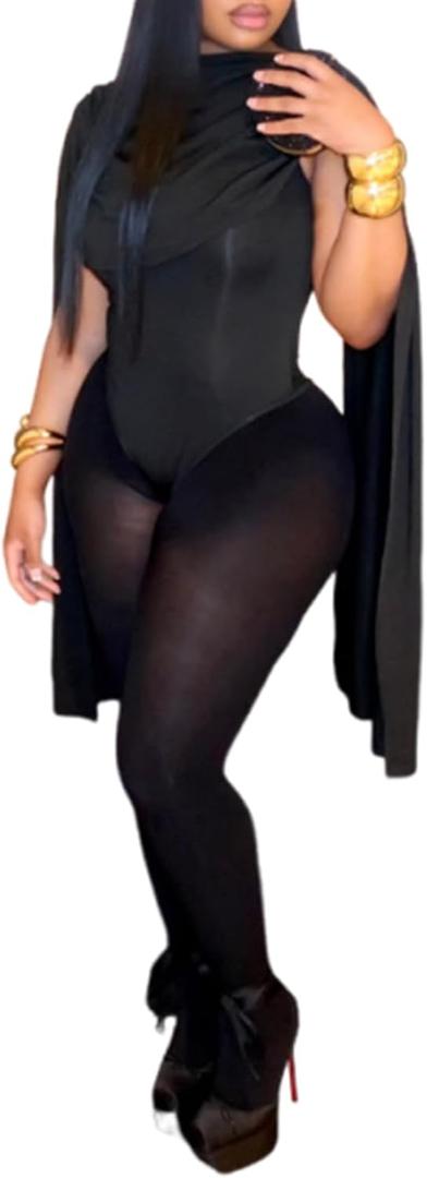 Ryehack Sexy Two Piece Outfits for Women Cap Sleeve Cowl Neck Bodysuit Top and Mesh Tights Set Jumpsuits Night Club Outfits (Black), M