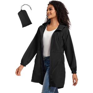 SaphiRose Women's Long Packable Raincoat Waterproof Rain Jacket Lightweight Outdoor Windbreaker with Hood, Black Size XXL