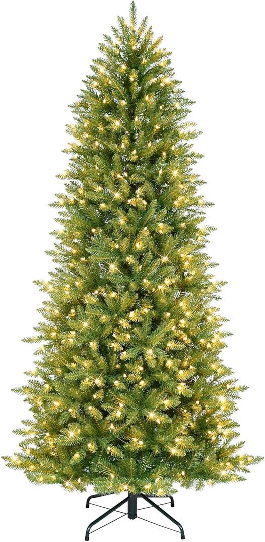 Puleo International 7.5ft Pre-Lit Slim Fraser Christmas Tree with 500 Clear Lights, 1453 Realistic Dense Branch Tips, Easy Setup Artificial Trees with Sturdy Metal Stand