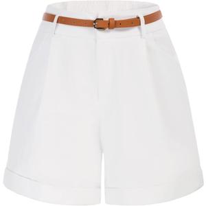 Belle Poque Women Bermuda Shorts Elastic Waist Wide Leg Shorts with Pockets & Belts (Small/Medium, White)