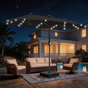 AreShark 15FT Patio Umbrella with Solar Lights, Double Sided Outdoor Table Umbrellas with Crank, Large Rectangular Market Umbrella for Porch, Lawn, Pool, Backyard, Dark Black