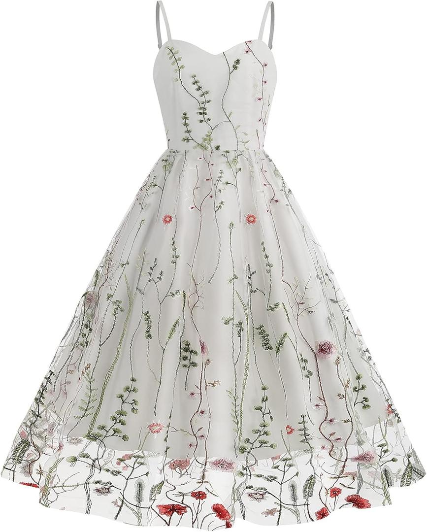Women Keyhole Floral Embroidery Dress Sheer Mesh Illusion Vintage Cocktail Swing Dress Wedding Party Prom Tulle Evening Dress (Small, White-cami)