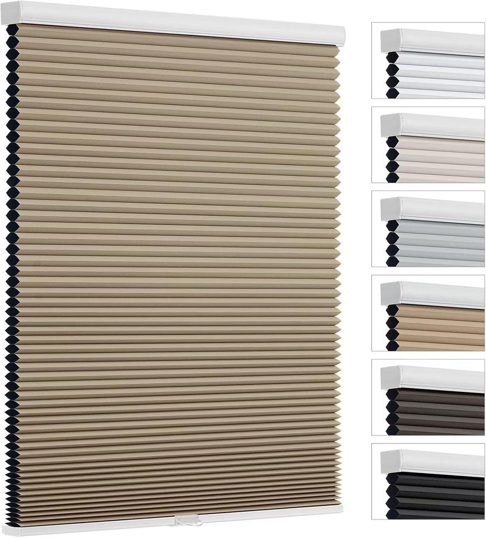 Changshade Cordless Cellular Shades, Blackout Room Darkening Black Out Honeycomb Blinds for Indoor Windows Bedroom, Pull Down Pleated Accordion Blind Easy Install, Shade Size 46" Wx72 H, Light Brown