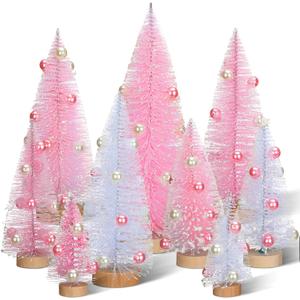 Leyndo 9 Pcs Pink Pearl Artificial Mini Christmas Tree Sisal Bottle Brush Trees with Wood Base Christmas Pine Trees for Autumn Winter Holiday Home Kitchen Party Decor