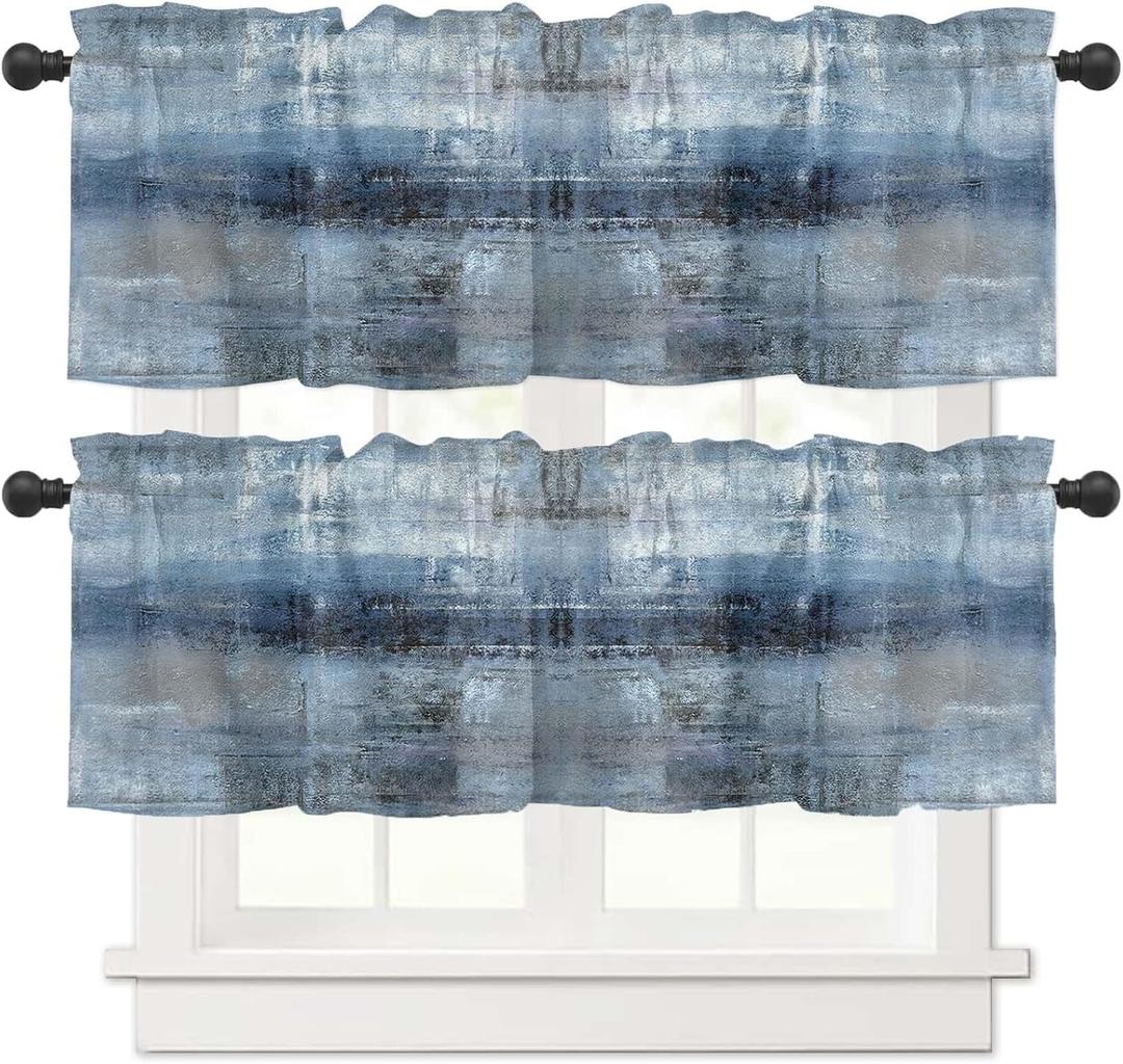 2 Pack Navy Blue Window Valances, Abstract Art Valances for Windows Treatment, Farmhouse Rod Pocket Decorative Curtain Valance for Bathroom Bedroom Living Room, 54 X 18 In Blue, 2 Panel