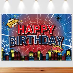 Spider Web Happy Birthday Backdrop, 180x120cm/71x47in Pre-Punched Polyester Banner for Kids Birthday Baby Shower & Party Decorations (Red, Blue)