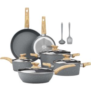 Kitchen Academy Induction Cookware Sets - 12 Piece Gray Cooking Pan Set, Granite Nonstick Pots and Pans Set