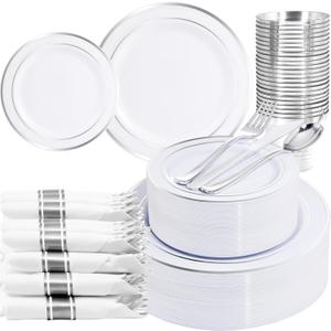 WELLIFE 210 Piece Silver Plastic Dinnerware Set for 30 Guests, Plastic Plates for Party, Include: 30 Dinner Plates, 30 Dessert Plates, 30 Pre Rolled Napkins with Silver Silverware and 30 Silver Cups