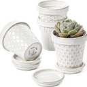 LE TAUCI Ceramic Succulent Pots, 4 Inch Small Plant Pot for Indoor Plant Cactus, Embossed Flower Pots with Drainage Holes & Saucer - Set of 4, Arctic White