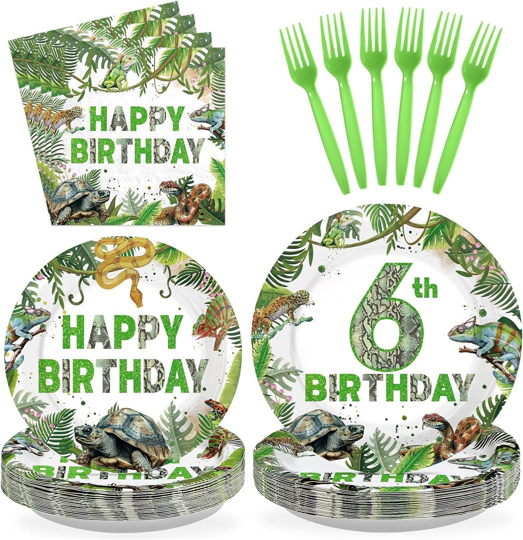 96Pcs Reptile 6th Birthday Party Supplies Lizard Snake Turtle 6th Birthday Party Plates and Napkins Green Reptile 6 Years Old Tableware Set for Tropical Wild Greenery Decoration Favors Serves 24