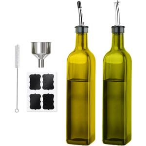 Olive Oil Dispenser Bottle, 2 Pcs 17oz Green Glass Oil Bottle for Kitchen, Olive Oil Dispenser Set with 2 Stainless Steel Pourers, 4 Labels,1 Brush and 1 Funnel