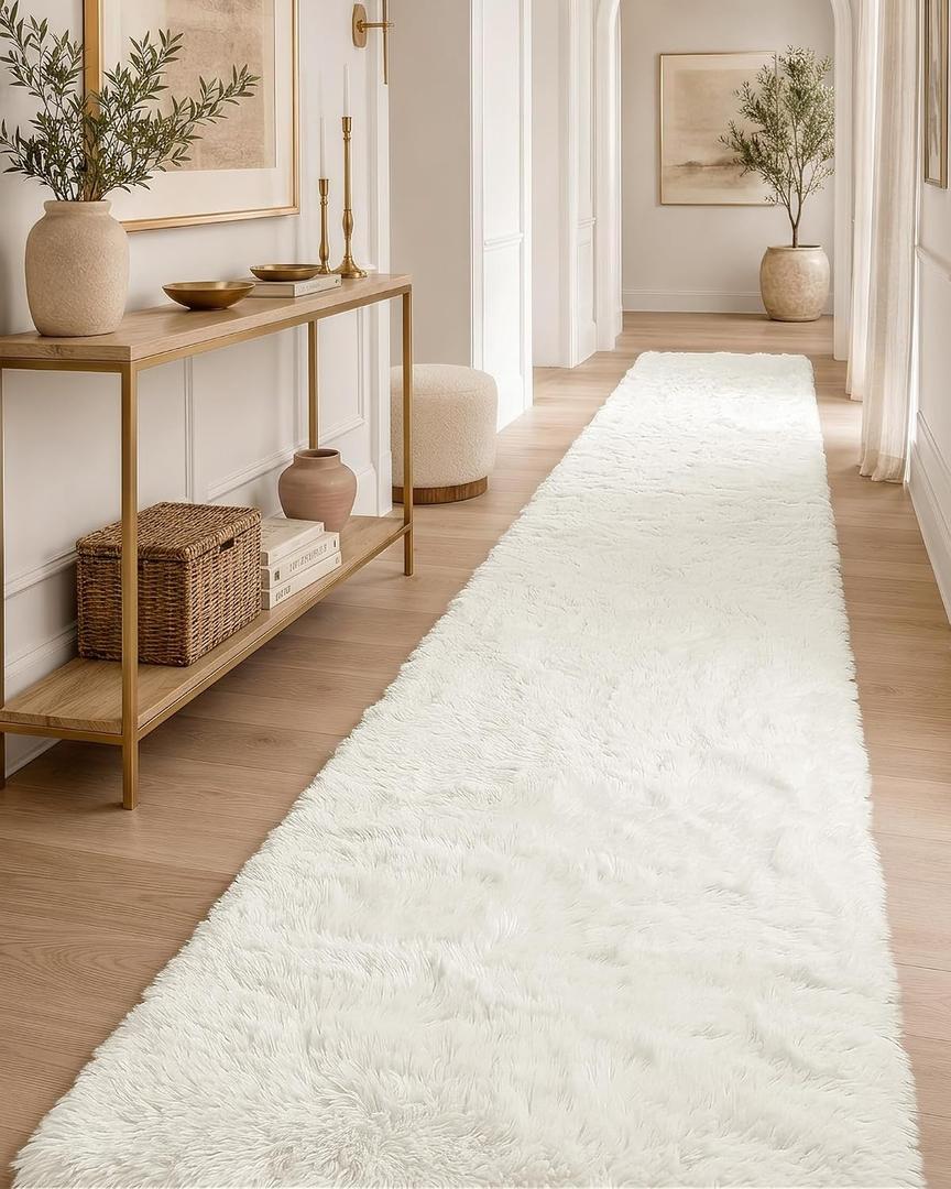 OLANLY 3x10 Machine Washable Runner Rugs for Hallway, Soft Fluffy Shaggy Bedside Rugs for Bedroom, Living Room, Indoor Floor Carpet for Kids Girls and Boys, Nursery Rooms, Home Decor Aesthetic, Ivory