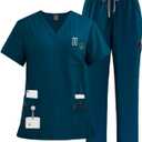 VIAOLI Scrubs Set Multiple pockets V-Neck Top and Drawstring Scrub Pant - Medical Uniform Women Scrub Set Clearance (Medium, Caribbean Blue)