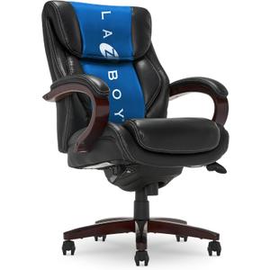 La-Z-Boy Bellamy Executive Office Chair with Memory Foam Cushions, Real Wood Arms and Swivel Base, Waterfall Seat Edge, Faux Bonded Leather, Black