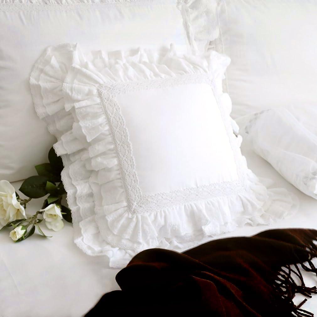 Zinowas18x18 White Lace Pillow Cases,White Ruffle Throw Pillow Covers Pillowcase Set of 2,Farmhouse Decorative Ruffle Pillow Covers,Handmade Lace Pillow Cases