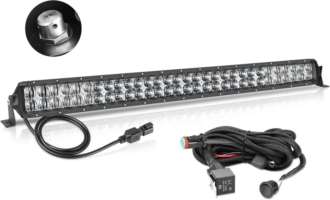 30 Inch LED Light Bar with Wiring Harness, AKD Part 300W 5D Lens Offroad Driving Light Spot Flood Combo Double Row LED Work Light Kit Bumper Grille Light Bar for Trucks Pickup SUV UTV Wrangler Boat