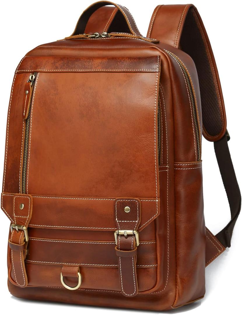 LANNSYNE Vintage Genuine Leather Backpack For Men Fits up to 15" Laptop Travel Hiking Rucksack (Brown)