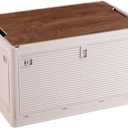 Foldable Storage Bins with Wood Lids Plastic Collapsible Storage Box with Cutting Board Portable Stackable Grocery Container Folding Latching Storage Crate with Removable Pulley (S, Khaki)
