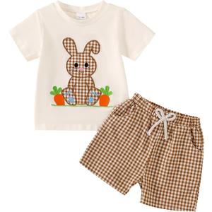 Toddler Baby Boy Easter Outfit Embroidered Bunny/Carrot T-shirt Top+Striped Pants 2PC Clothes, Size 3-4Y