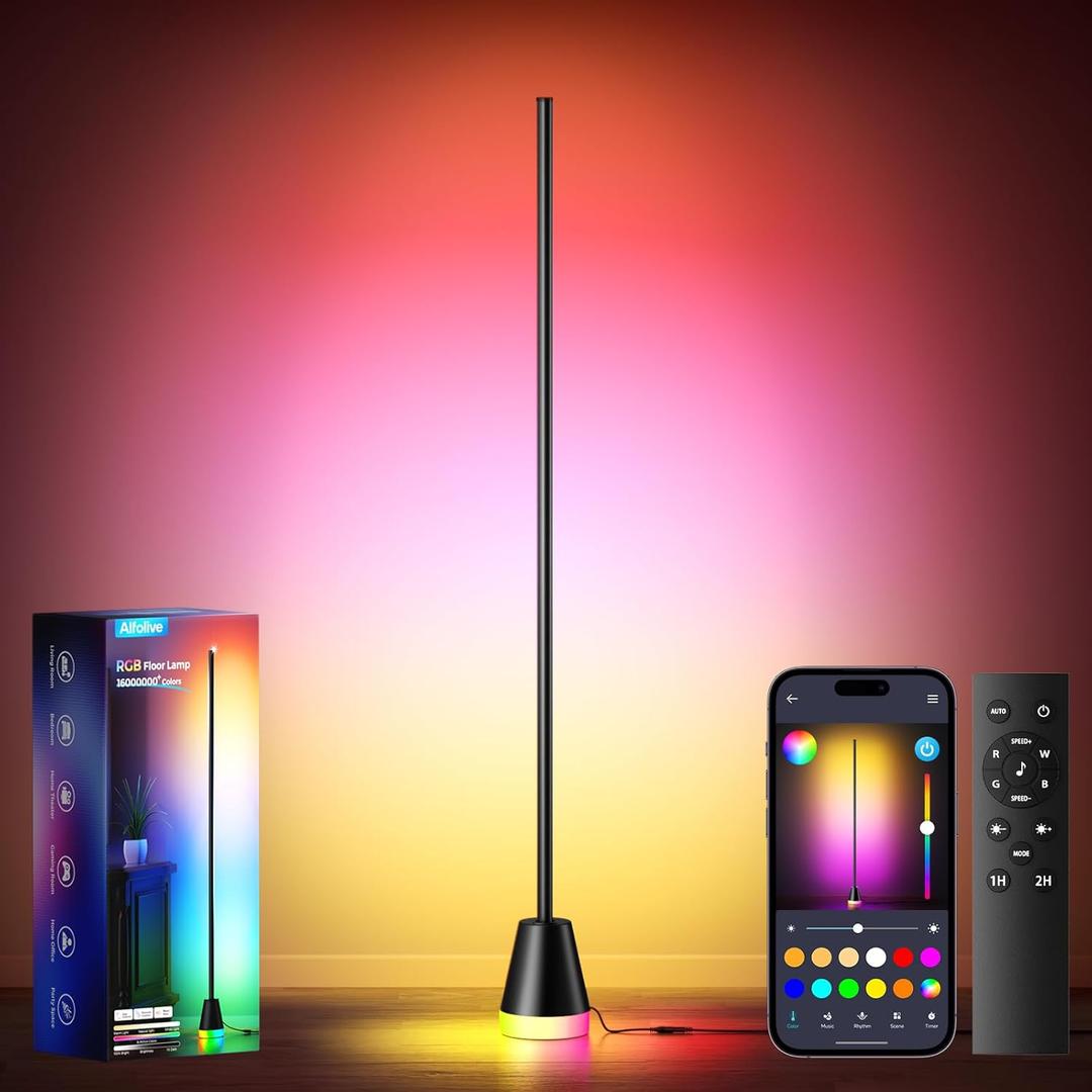 RGB Floor Lamp, Smart LED Corner Lamp for Living Room Bedroom, 16 Million DIY Colors Standing Lamp with Music Sync App & Remote Control, Cool Modern Mood Light Ambient Lighting, Black