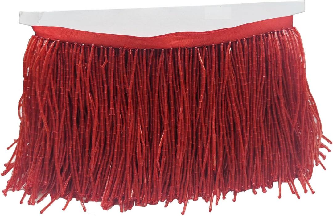 1 Yard 4 Inches Wided Glass Beaded Fringe Trim Ribbon Lace Tassel Fringe Trimming for Dress Clothes Lamp Shade Decoration DIY (Red)