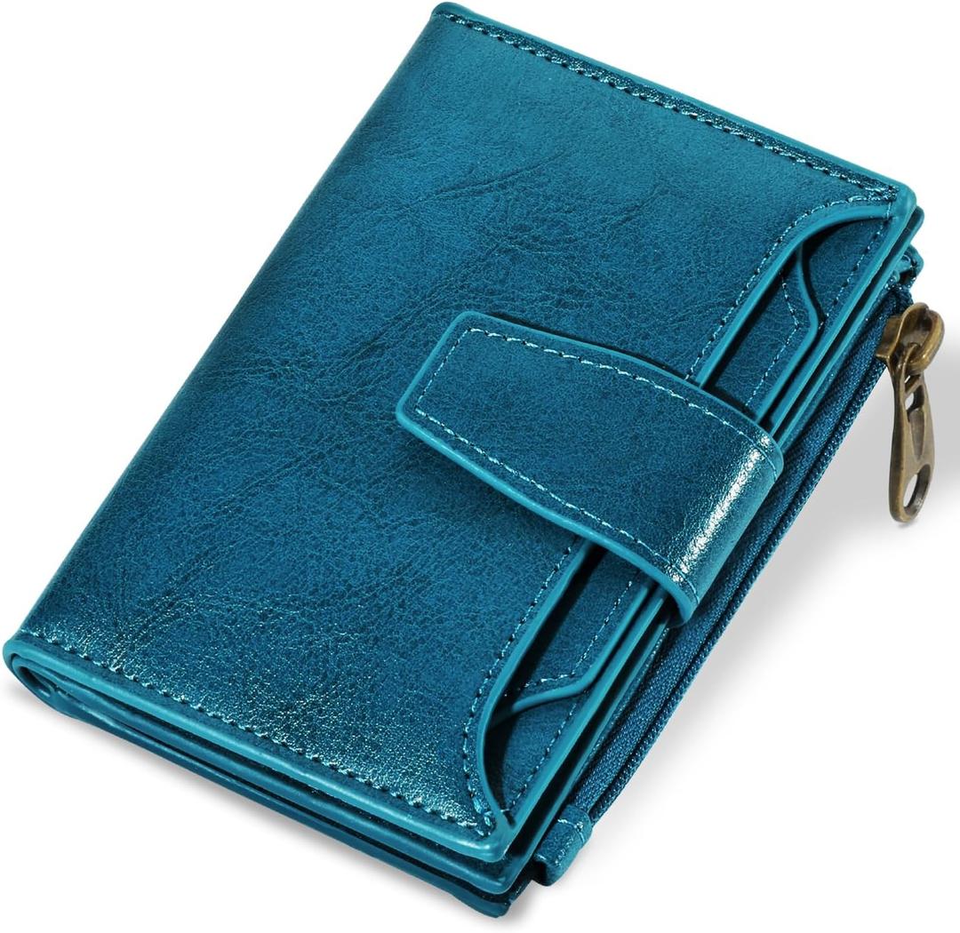 Small Wallet Women RFID Blocking Soft Leather Bifold Compact Card Holder Wallet for Women with Zipper Coin Pocket 4 ID Window (Peacock Blue)