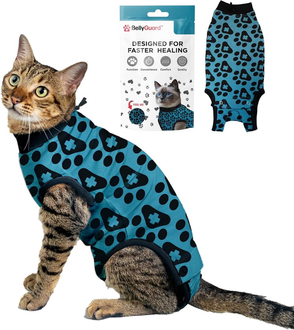 BellyGuard Cat Recovery Suit for Female and Male, Cat Surgery Suit Alternative, Onesie for After Spay Care, Post-Surgery Protective Body Cover for Feline and Kitten Healing (XSmall+, Blue)