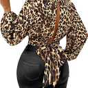 SweatyRocks Women's Leopard Print Crop Tops Cut Out Tie Back Bishop Long Sleeve Blouse M