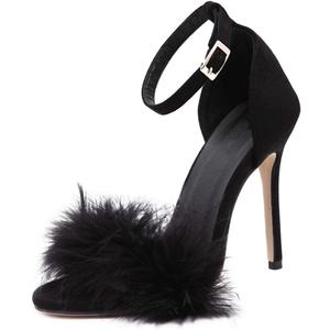 YIBLBOX Women's Feather Heels Open Toe Sandal Fluffy Fur High Heel Shoes Ankle Strap Stiletto Pump for Wedding Party Dance Evening (10, Black)
