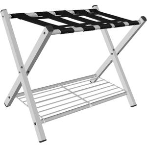mocomax 1 Pack Folding Luggage Rack for Guest Room, Foldable Suitcase Stand Holder with Metal Storage Shelf for Bedroom, Living Room, Hotel Essentials, Heavy Duty Steel Frame, White